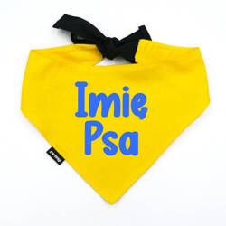 Bandana z imieniem Psa Psiakrew, personalizowana chusteczka żółta apaszka niebieski napis