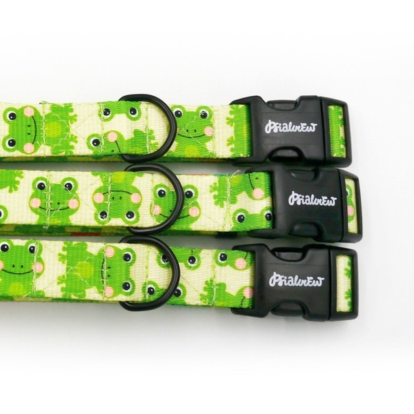 Dog Collar Psiakrew Green Frogs, 2 cm 0.78" wide, for smaller dogs black extras