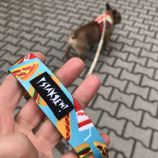 Long Dog Leash Doggy Foodie width 2 cm (0.78")  wide, black snap hook 7 cm