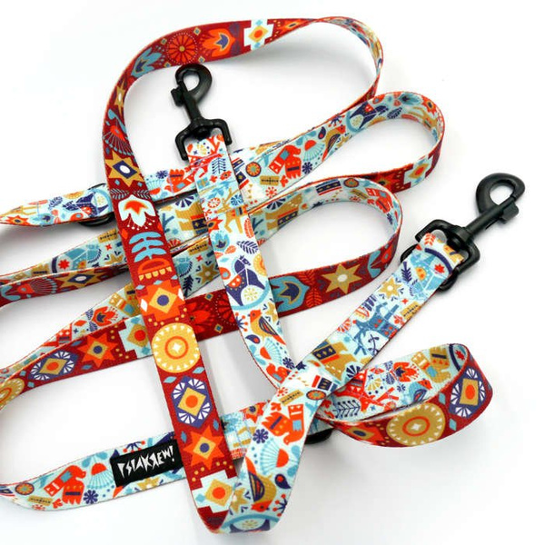 Długa Smycz Dla Psa Przepinana Regulowana Winter Folk 2,5 cm, duży mocny czarny karabińczyk