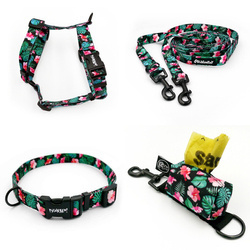 ZUBEHÖRSATZ für einen kleinen Hund Tropical Monstera Psiakrew -Serie; Halsband, Geschirr, Leine, Etui für Kotbeutel