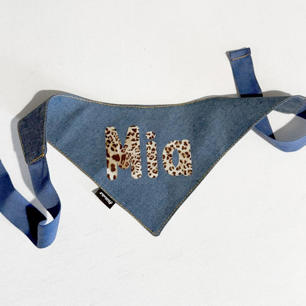 Denim Bandana with the name of the Dog Psiakrew, personalized tied handkerchief Leopard