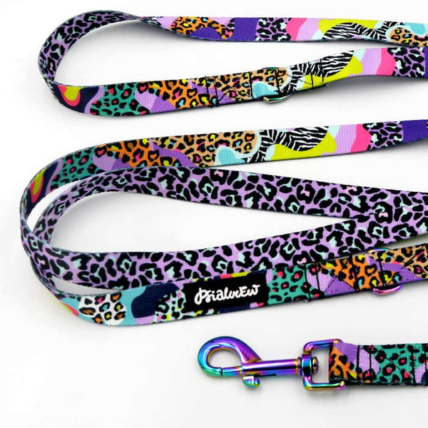 Long Dog Leash Crazy Leopard width 2 cm (0.78")  wide, Holo  petrol effect snap hook 7 cm