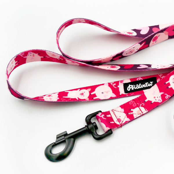 Dog Leash Piggy in Love Psiakrew width 2.5 cm, 1" wide, big black snap hook 8 cm