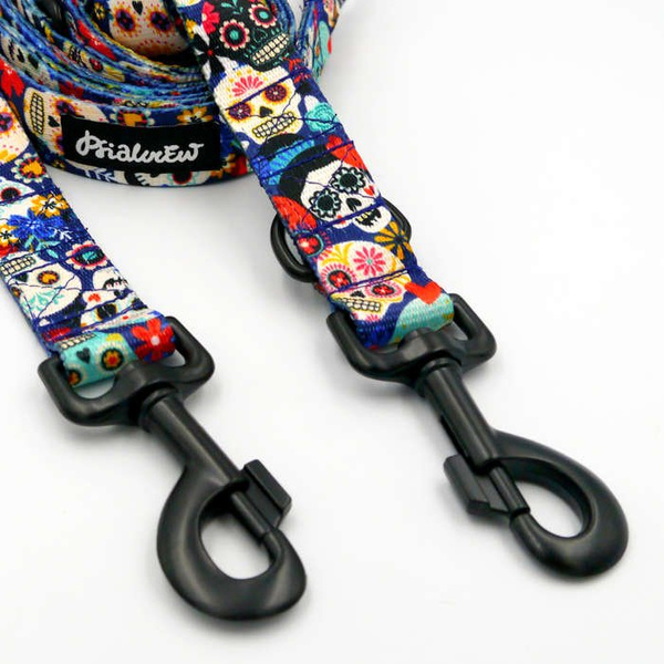 Dog Leash Día de los Muertos width 2.5 cm, 1" wide, snap hook black 8cm
