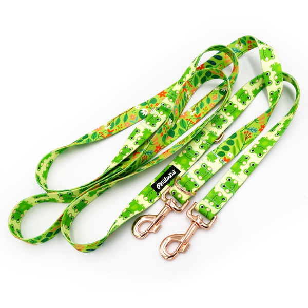 Dog Leash Green Frogs width 2.5 cm, 1" wide, pink gold, big snap hook 8 cm