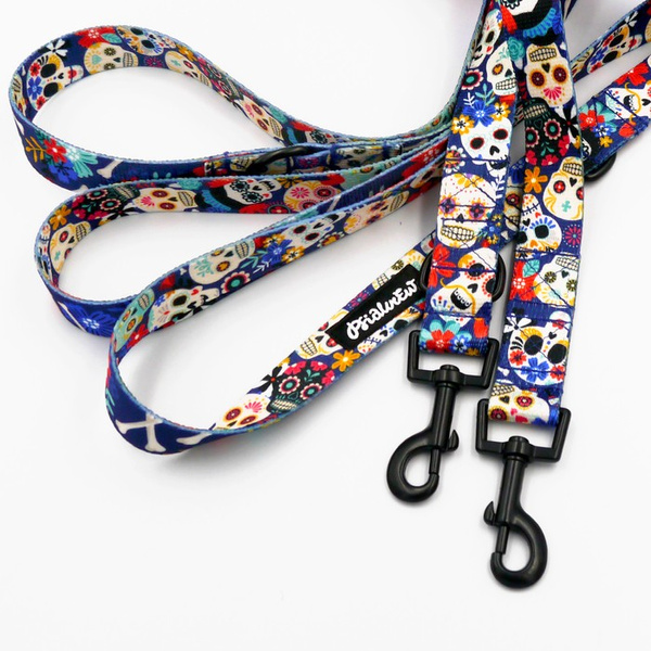Hundeleine Dia de los Muertos Psiakrew, Breite 2,5 cm, Karabiner 6 cm schwarz