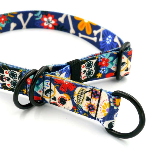 Half-choke collar Día de los Muertos, 2.5 cm wide, medium and big dogs, black extras