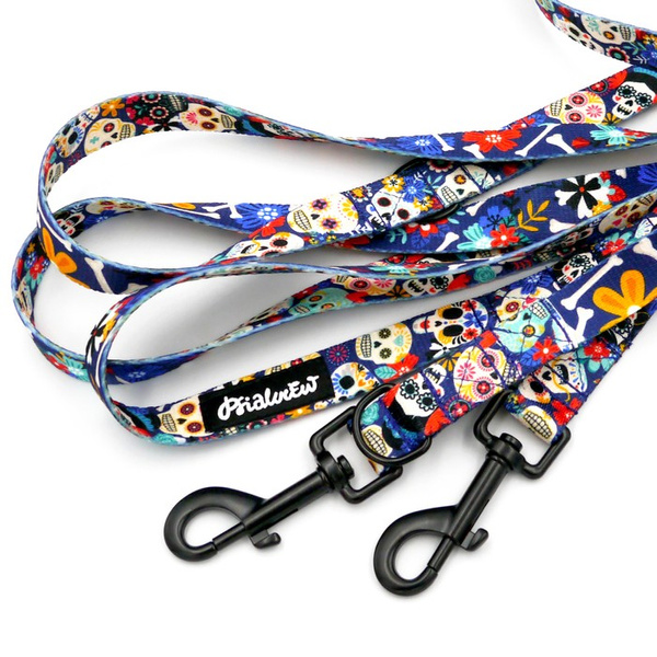 Hundeleine, lang, abnehmbar, verstellbar Día de los Muertos Psiakrew, Breite 2 cm, Karabiner schwarz 7 cm