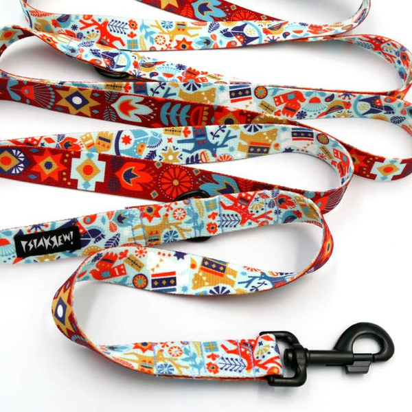 Dog Leash Winter Folk width 2.5 cm, 1" wide, big black snap hook 8 cm