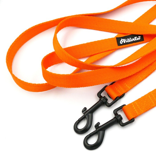Long Orange Dog Leash width 2 cm (0.78") wide; black snap hook 7 cm