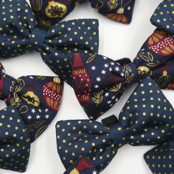 Dark Blue Dog Bow Tie, gift for dog, Gold Dots Pet Bow Tie, Bowtie, Collar Attachment