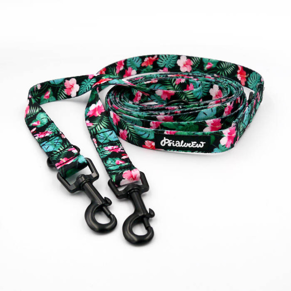 Long Dog Leash Tropical Monstera Psiakrew width 2 cm (0.78"), black snap hook 6 cm