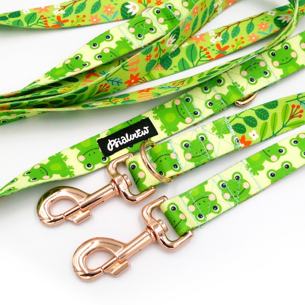 Dog Leash Green Frogs width 2.5 cm, 1" wide, pink gold, big snap hook 8 cm