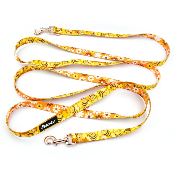 Long Dog Leash Busy Bees width 2 cm (0.78") wide, rose gold snap hook 6 cm
