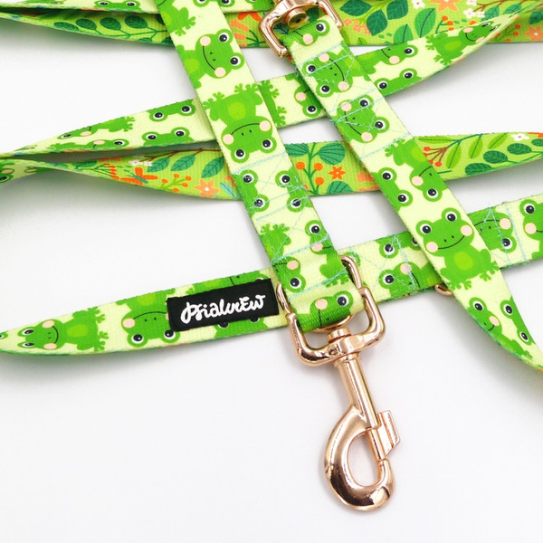 Dog Leash Green Frogs width 2.5 cm, 1" wide, pink gold, big snap hook 8 cm