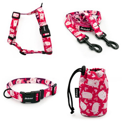 ZESTAW AKCESORIÓW. Pies duży. Seria Zakochana Świnka Psiakrew; Obroża, Szelki, Smycz, Saszetka