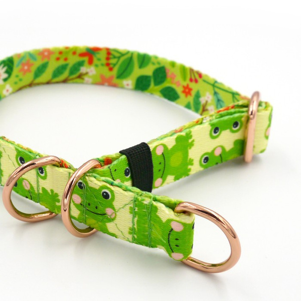Half-Choke-Halsband Green Frogs, 2 cm breit, für kleine Hunde, goldene Accessoires