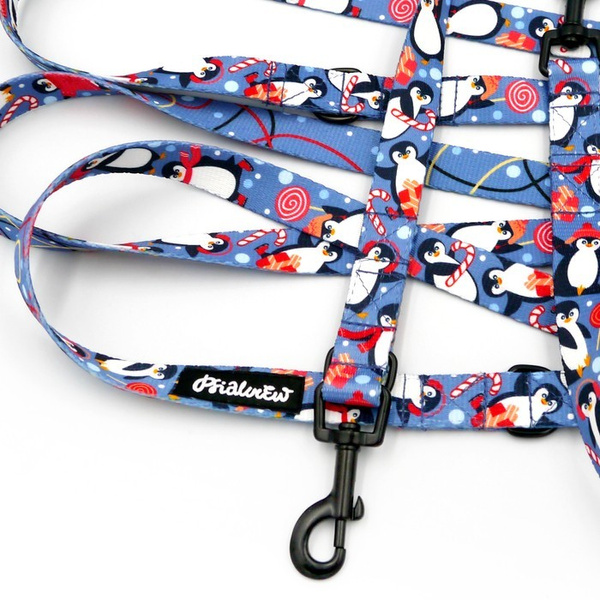 Long Dog Leash Penguin Winter Psiakrew width 2 cm (0.78"), black snap hook 6 cm